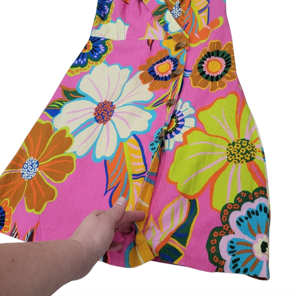 Farm Rio Garden Mini Dress Faux Wrap Pink Linen Blend Bright Neon Colorf… - Picture 8 of 17